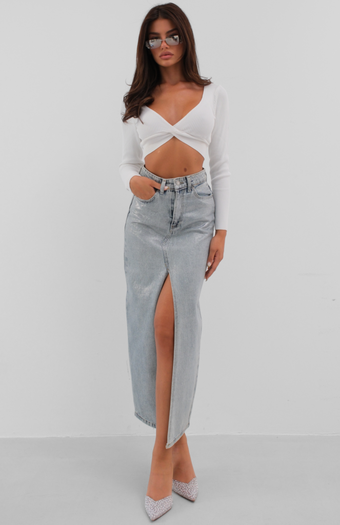 Shiny Denim Midi Skirt with Front Slit
