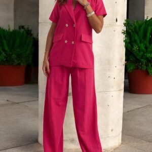 Fuchsia Linen Double-Breasted Short-Sleeve Set