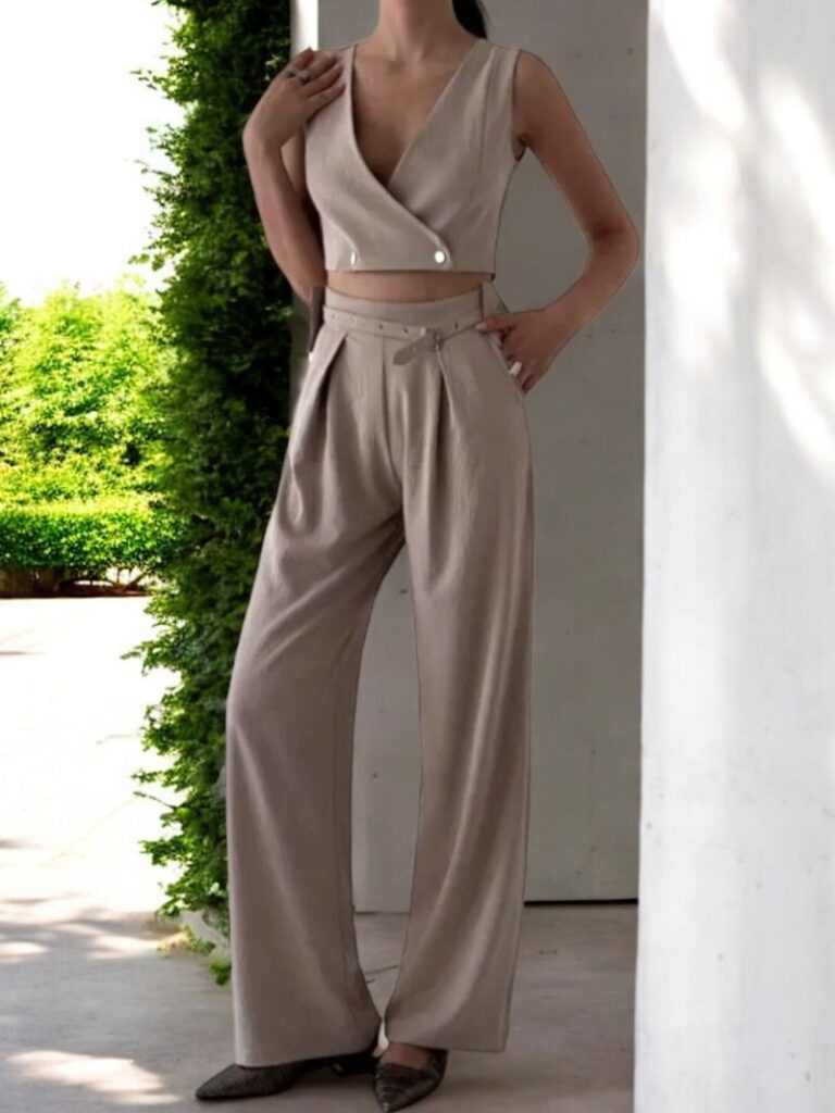 Mink Cross-Button Crop Top Set