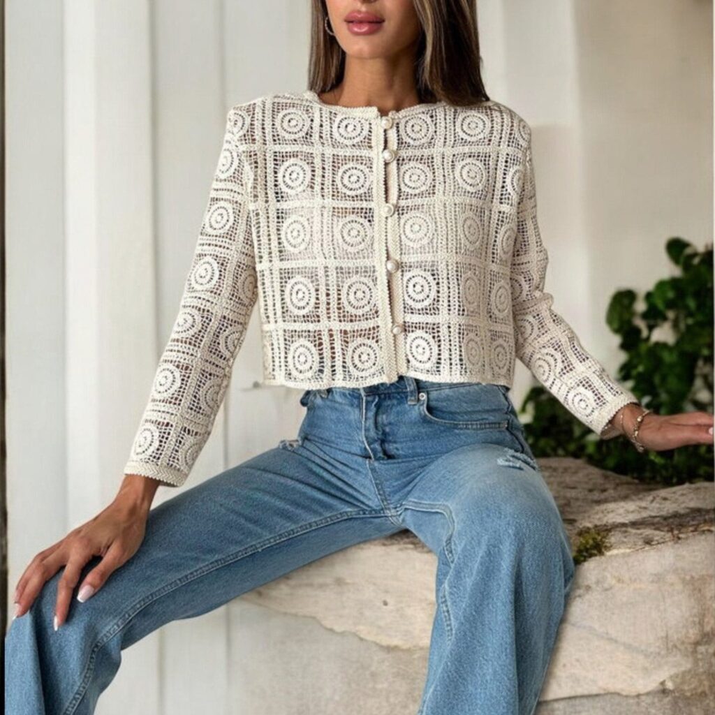 Long-Sleeve Crochet Jacket with Pearl Buttons