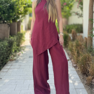 Asymmetric Linen Set in Bordeaux