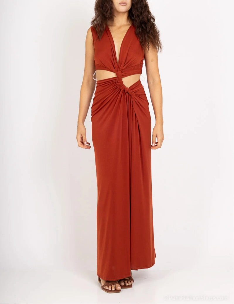 Brick Knot-Front Cutout Maxi Dress