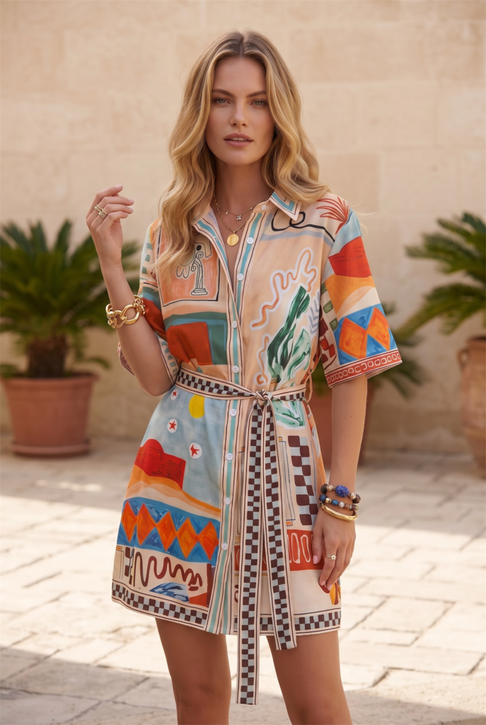 Printed Linen Blend Shirt Dress