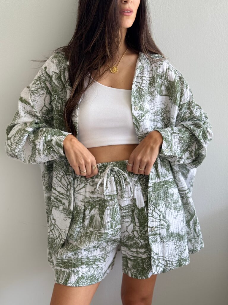 Olive Green and White Toile Print Co-ord Set